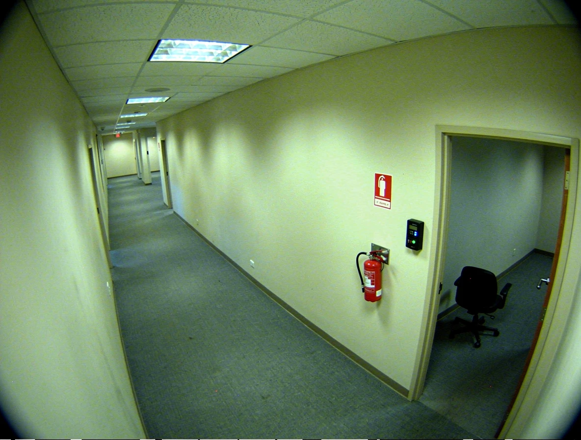 Second floor corridor, Building A. Still frame from north hallway camera